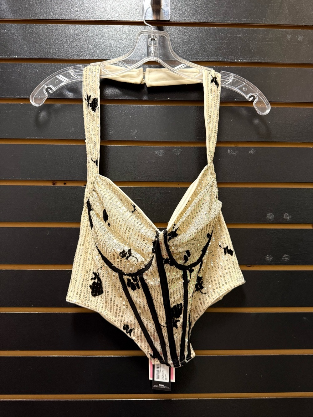 PrettyLittleThing Nude Sequin Floral Halter Corset Bodysuit NWT US 12